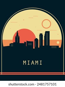 Miami city retro style poster with skyline, cityscape. USA Florida state vintage vector illustration. US front cover, brochure, flyer, leaflet template, layout image