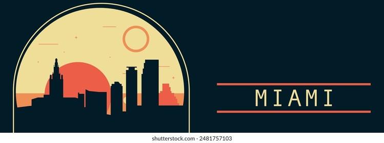 Anuncio de Vector estilo retro de la ciudad de Miami con horizonte, paisaje urbano. Ilustración Horizontal vintage del estado de Florida. Diseño de viajes de los Estados Unidos de América para presentación de Web, encabezado, pie de página