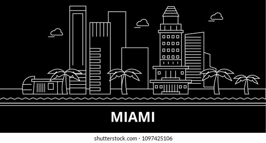 Miami city silhouette skyline. USA - Miami city vector city, american linear architecture, buildings. Miami city travel illustration, outline landmarks. USA flat icon, american line banner