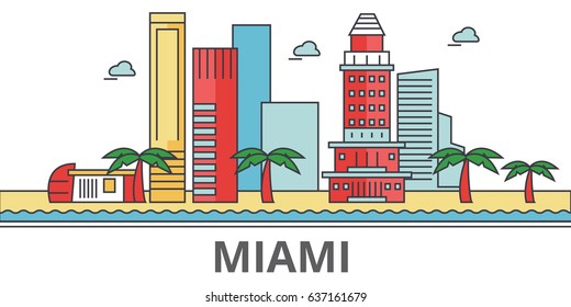 Skyline de la ciudad de Miami: edificios, calles, silueta, arquitectura, paisaje, panorama, monumentos. trazos editables. Concepto de ilustración vectorial de línea plana de diseño. Iconos aislados en fondo blanco