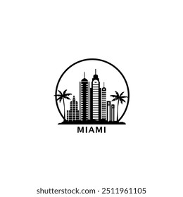 Miami City Skyline Panorama Vektor flaches Logo, Symbol. USA, Florida Staatshorizont Emblem mit Wahrzeichen und Gebäude Silhouetten. Schwarze Grafik einzeln