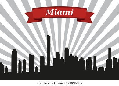 Miami city skyline with rays background and ribbon