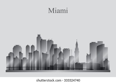 Miami city skyline silhouette in grayscale, vector illustration