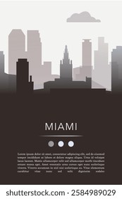 Miami city template for website, presentation, front page, invitation, publication sheet with skyline, landmarks. Vector Florida state, USA image layout, simple and grayscale