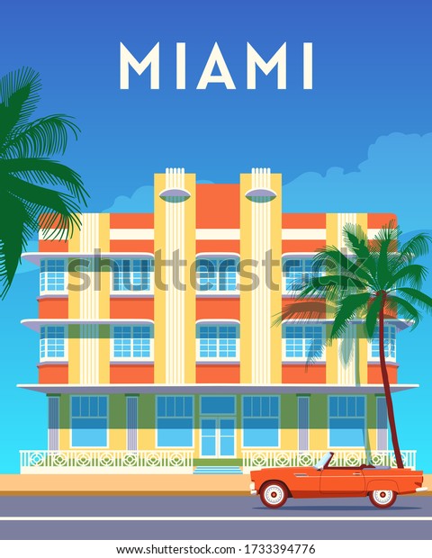 Miami city travel retro poster, sunny day in Art Deco\
District. Summer Florida vintage banner. Hand drawn flat vector\
illustration. 