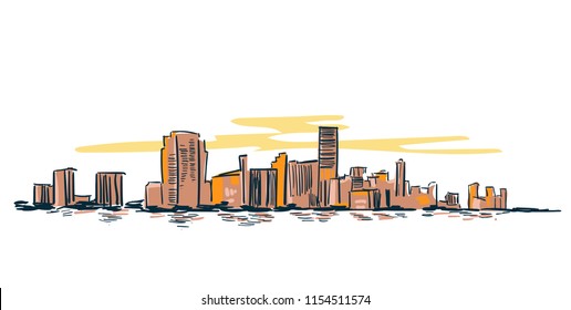 Miami city usa vector sketch landscape line illustration skyline