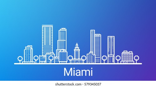 Miami city white line on colorful background. All Miami buildings - customizable objects with opacity mask, so you can simple change composition and background. Line art.