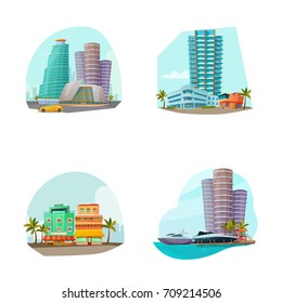 Miami cityscape 4 famous landmarks icons composition with beach resort area and towers isolated cartoon vector illustration