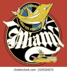 Miami deep sea fishing club coat of arms with a dolphin and a fishing boat. Fishing illustration concept.