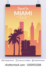 Paisaje urbano famoso en Miami. Siluetas planas bien conocidas. Ilustración vectorial fácil de editar para volantes, carteles o portadas de libros.