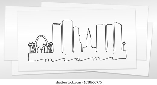 Miami, FL, USA Doodle Skyline Hand Drawn. City One Line Art Illustration Landmark. Minimalistic Sketch Pen Background.
