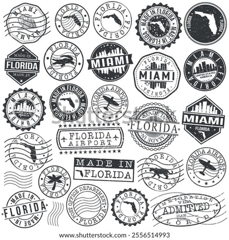Miami, FL, USA Set of Stamps. City Travel Marks. Made In Product. Design Seals Old Style Insignia.