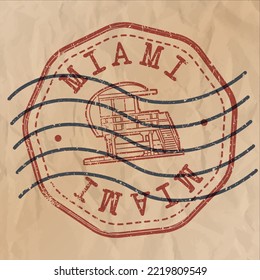 Miami, FL, USA Stamp City Travel Passport. Design Retro Symbol Country. Old Vintage Postmark.