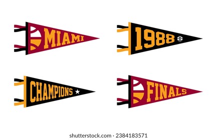 Miami, Florida basketball Pennant Flags Set. Vector Football pendant Icons. University USA Sport flag, isolated