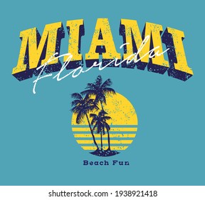 Miami Florida beach fun quoted varsity style slogan print design with palms and sun illustration