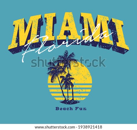 Miami Florida beach fun quoted varsity style slogan print design with palms and sun illustration