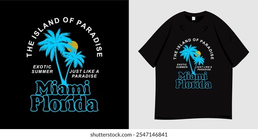 Miami Florida beach graphic t-shirt design. Summer clothing vector illustration with palm tree silhouette and sun symbol. Ready to print for t-shirt, clothes, tee, apparel and wear.