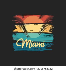 Miami Florida beach illustration perfect for apparel and t-shirt design with silhouette palm trees on exotic sunset view