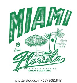 Miami Florida beach t shirt design, typography print for Miami Florida text, vintage text print design summer vibes artwork 