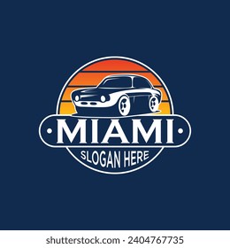 Miami Florida city retro car lease or old car service emblem template design. Vector illustration