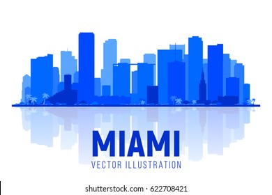  Miami Florida city silhouette skyline on whithe background. Vector Illustration. Business travel and tourism concept with modern buildings. Image for banner or web site.