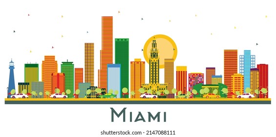 Miami Florida City Skyline with Color Buildings Isolated on White. Vector Illustration. Business Travel and Tourism Concept with Modern Architecture. Miami USA Cityscape with Landmarks.