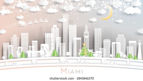 Miami Florida City Skyline In Paper Cut Style With Snowflakes, Moon And Neon Garland. Vector Illustration. Christmas And New Year Concept. Santa Claus On Sleigh.