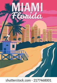 Miami Florida, City Skyline, Retro Poster. Sunset, Lifeguard house, coast, surf, ocean. Vector illustration vintage