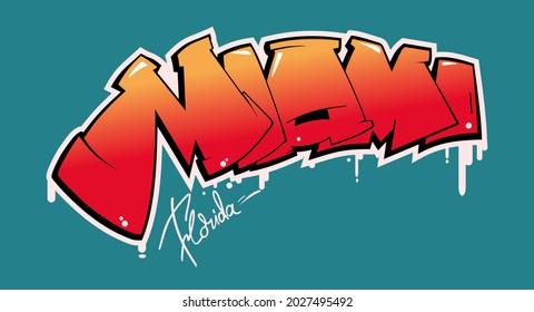 Miami Florida graffiti style hand drawn lettering. Can be used for printing on t shirt and souvenirs. Posters, banners, cards, flyers, stickers. Decorative vector text.