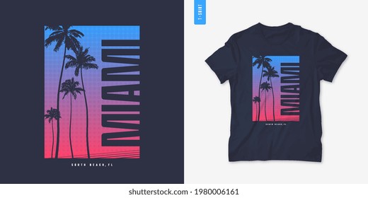 Miami Florida graphic t-shirt design with palm tress, summer retro print, vector illustration.