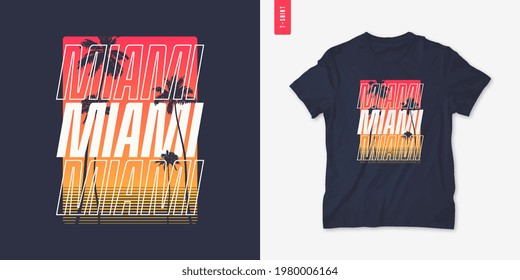 Miami Florida graphic t-shirt design with palm tress, summer retro print, vector illustration.
