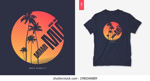 Miami Florida graphic t-shirt design with palm tress, summer retro print, vector illustration.