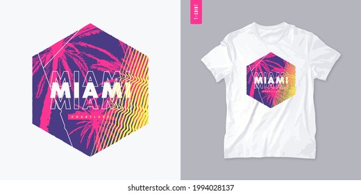 Miami Florida graphic t-shirt design with palm tress, summer print, vector illustration.