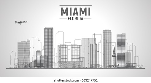 Miami Florida line city skyline with panorama in white background. Vector Illustration. Business travel and tourism concept with modern buildings. Image for banner or web site.