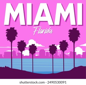 Miami Florida with a pink sky as a background