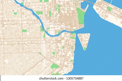 Miami Florida printable map excerpt. This vector streetmap of downtown Miami is made for infographic and print projects.