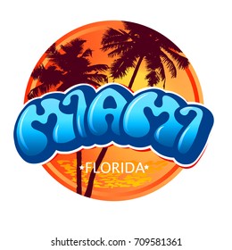 Miami, Florida - a round logo with handwritten font and palm trees against a tropical sunset background. Surf T-shirt design