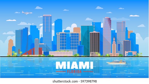 Esquina de Miami Florida con panorama en fondo azul cielo. Ilustración vectorial. Concepto de viajes de negocios y turismo con edificios modernos. Imagen para banner o sitio web.