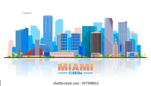 Miami Florida skyline with panorama in white background. Vector Illustration. Business travel and tourism concept with modern buildings. Image for banner or web site.