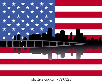 Línea aérea de Miami Florida reflejada con bandera estadounidense