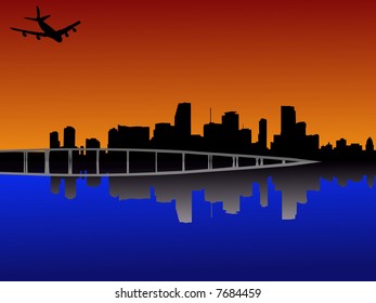 Miami Florida skyline reflected at sunset with plane