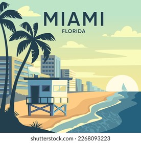 Miami Florida street. Retro poster with Miami beach, american architecture, ocean and silhouette of palm trees. Modern buildings and coastline. Tourism and travel. Cartoon flat vector illustration