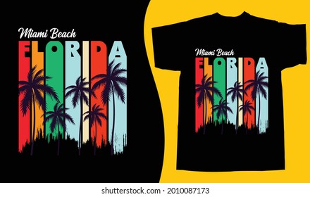 Miami Florida Summer beach vintage printable t shirt design vector illustration with palm tree. global swaches