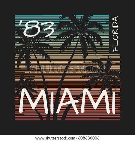 Miami Florida tee print with palm trees. T-shirt design graphics stamp label typography.Vector illustration.
