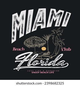 Impresión de texto en Miami Florida para videos de playa, diseño de impresión de verano, diseño de camisetas de College Vibes para Miami Beach