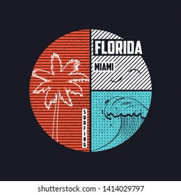 Miami, Florida t-shirt trendy design with wave and palm trees silhouettes. Surfing apparel typography, print. Vector illustration.