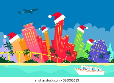 Miami Florida United States Abstract Skyline City Skyscraper Christmas Silhouette New Year Flat Colorful Vector Illustration