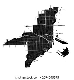 Miami, Florida, United States, high resolution vector map with city boundaries, and editable paths. The city map was drawn with white areas and lines for main roads, side roads and watercourses.
