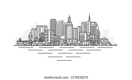 Miami, Florida, USA architecture line skyline illustration. Linear vector cityscape with famous landmarks, city sights, design icons. Landscape with editable strokes.