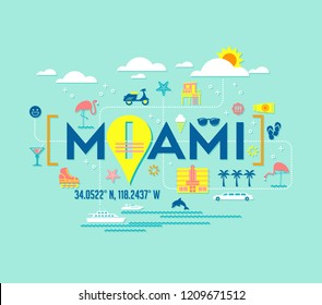 Miami, Florida vector design of attractions icons, and typography. For t-shirts, cards, banners, posters.